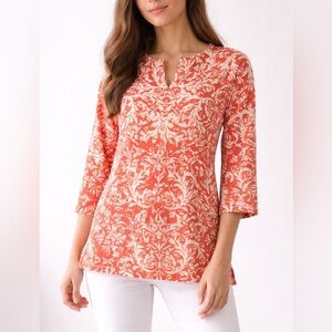 Emma James Petite Coral Cream Damask Beaded Top Size PM